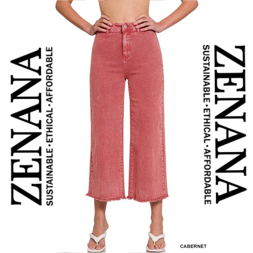 ZENANA | High Waist Acid Wash Frayed Hem Cropped Denim - Cabernet - NEW!
